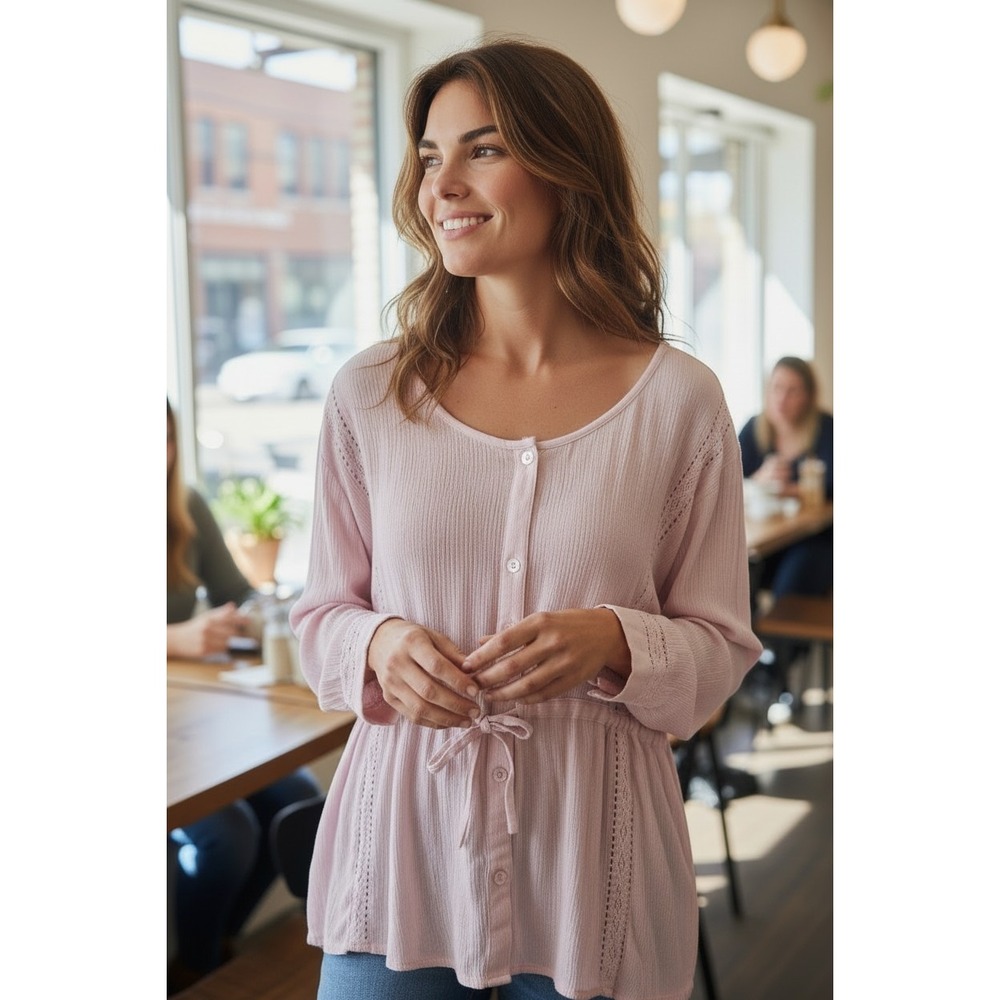 O'Neill Women's Boho Soft Pink Crinkle Gauze Blouse Long Sleeve Tie Waist SZ S